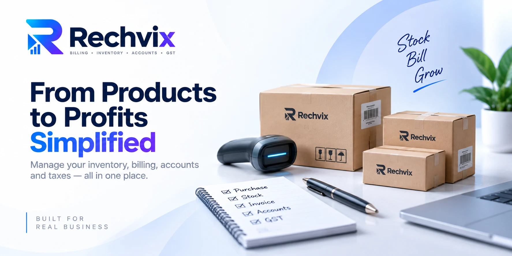 Rechvix brand imagery — billing, inventory, accounts and GST, from products to profits
