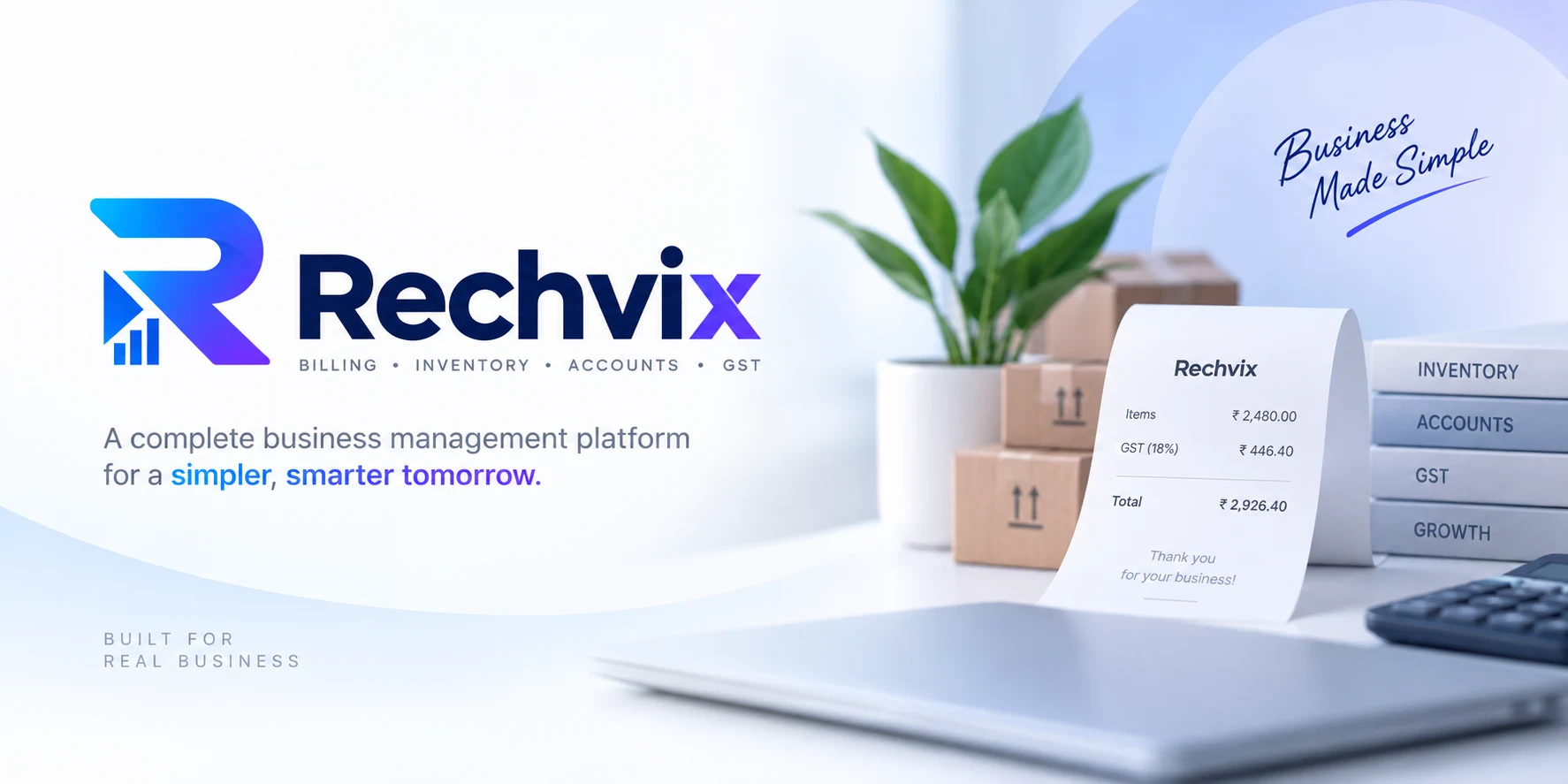 Rechvix brand imagery — a complete business management platform for a simpler, smarter tomorrow