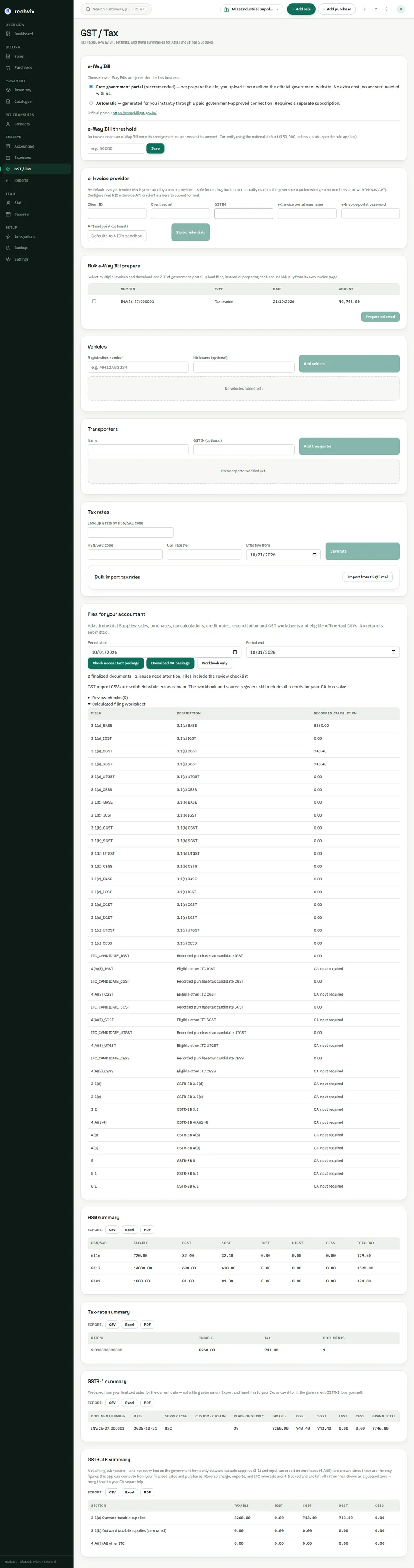 Rechvix India tax page with the accountant package, checks and GSTR workpapers