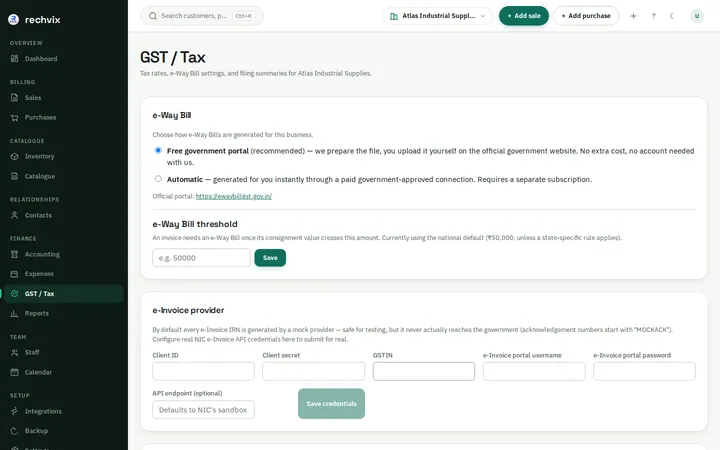 Rechvix India tax page with the accountant package, checks and GSTR workpapers