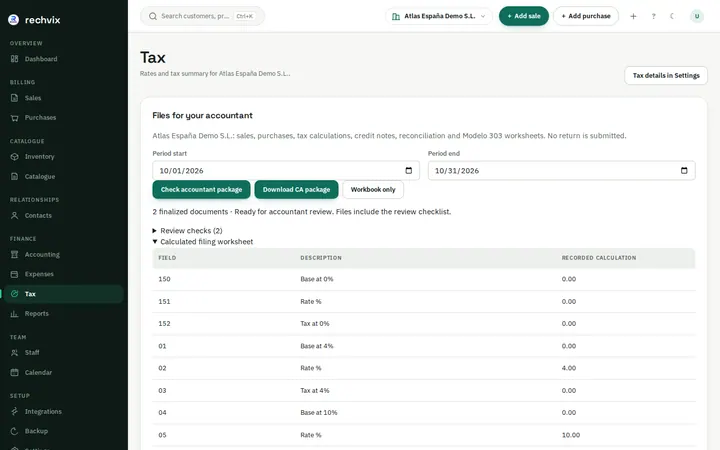 Rechvix Spain tax page with IVA and recargo workpaper for Modelo 303 preparation