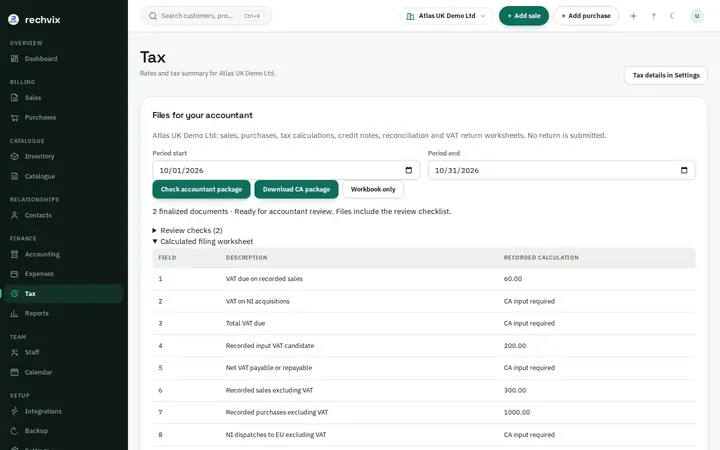 Rechvix UK VAT nine-box accountant worksheet