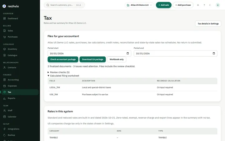 Rechvix US page with separate state base sales-tax schedules