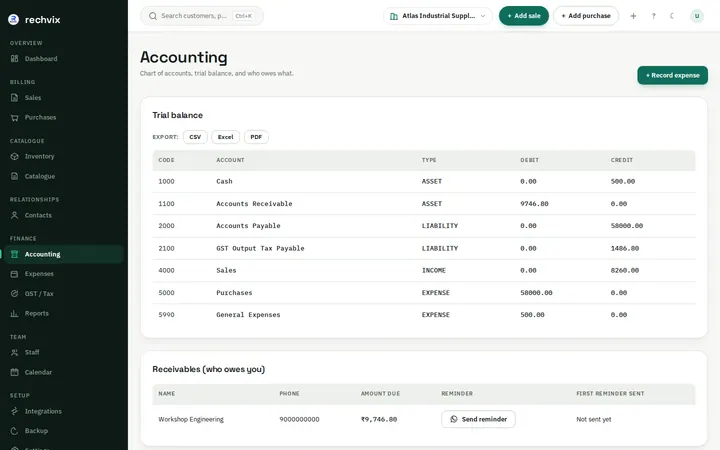 Rechvix accounting page with chart of accounts, journals, ledgers and ageing