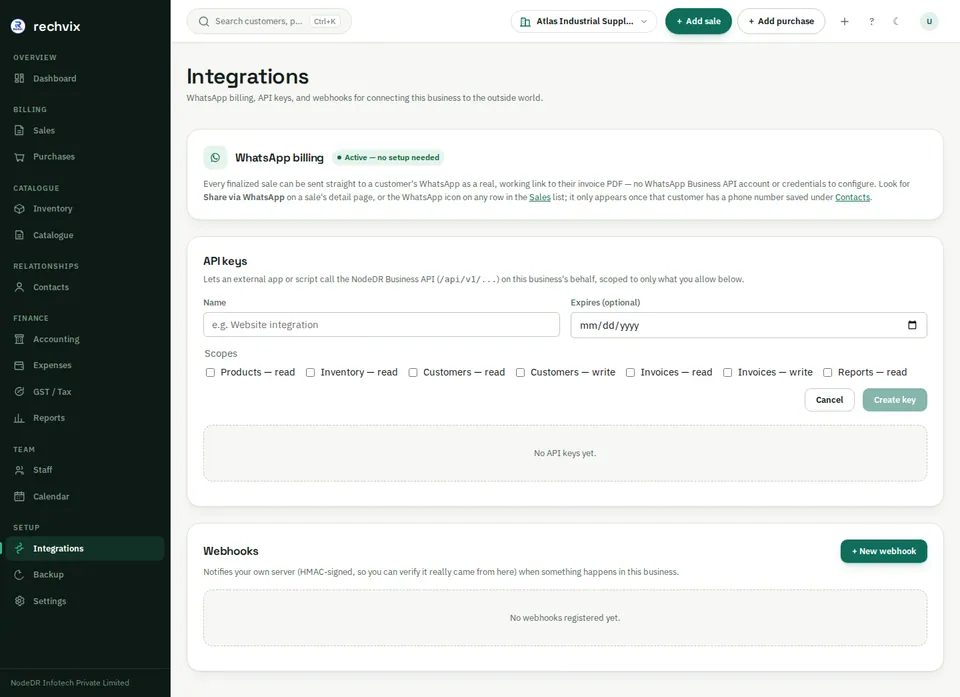 Rechvix scoped API key creation form with no secret shown