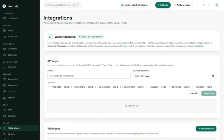 Rechvix scoped API key creation form with no secret shown