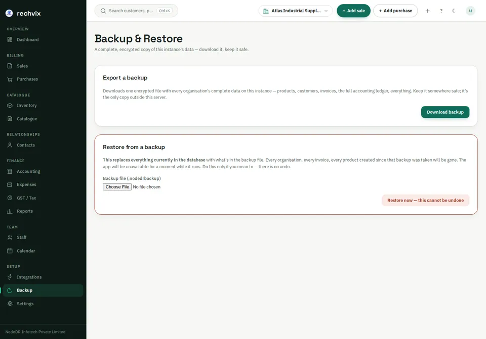 Rechvix backup page with encrypted export and restore controls