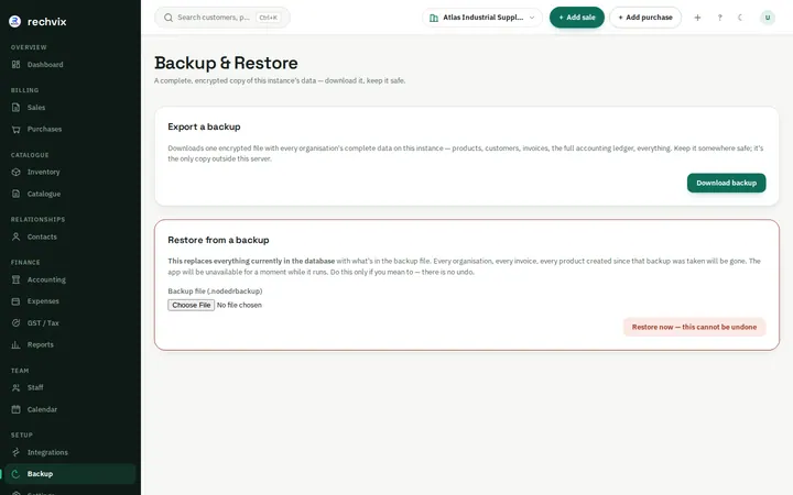 Rechvix backup page with encrypted export and restore controls