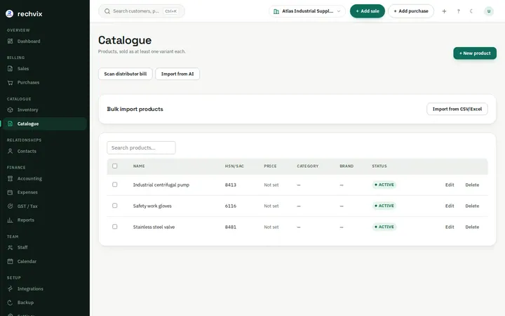 Rechvix catalogue listing products with SKU, unit, price and category