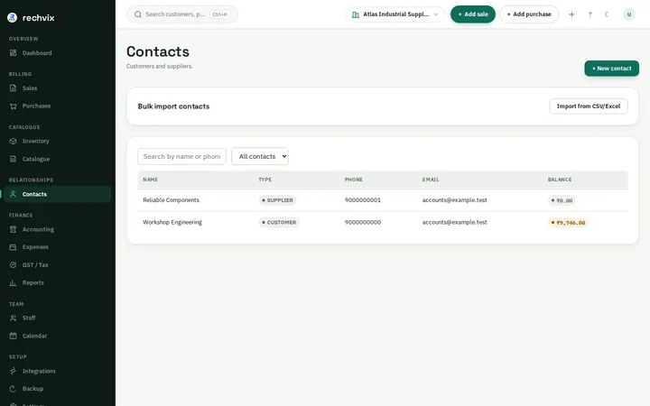Rechvix contacts list of customers and suppliers with outstanding balances
