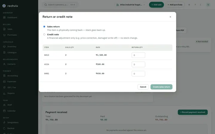 Rechvix Return / credit note dialog offering a sales return or a financial credit note