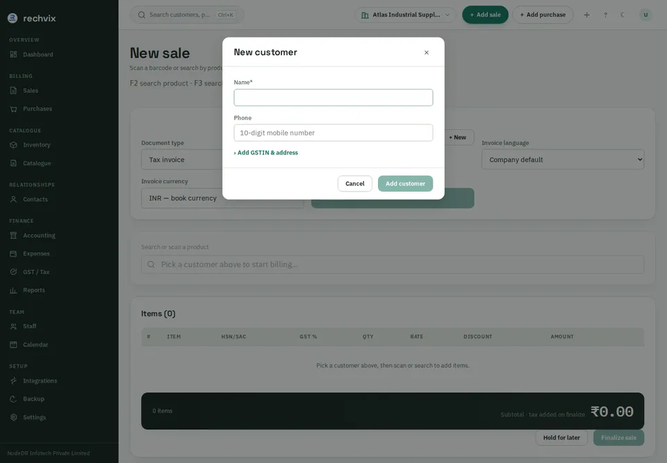 New customer form opened inline on the Rechvix invoice screen without leaving the sale