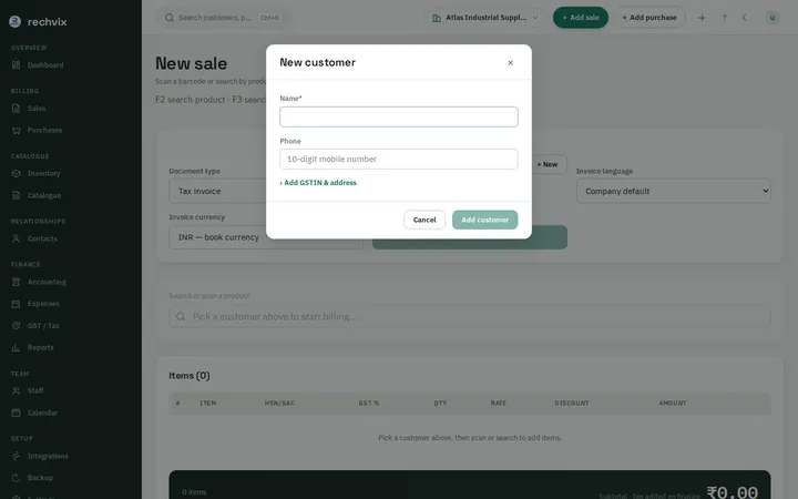 New customer form opened inline on the Rechvix invoice screen without leaving the sale
