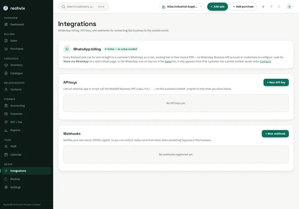 Rechvix integrations page with API keys, webhooks and WhatsApp sharing