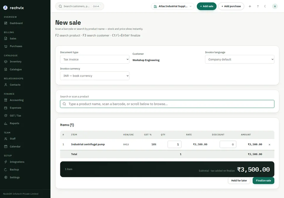 Rechvix New sale screen with a customer selected, one industrial pump line at 18% GST, the total and Finalize sale button
