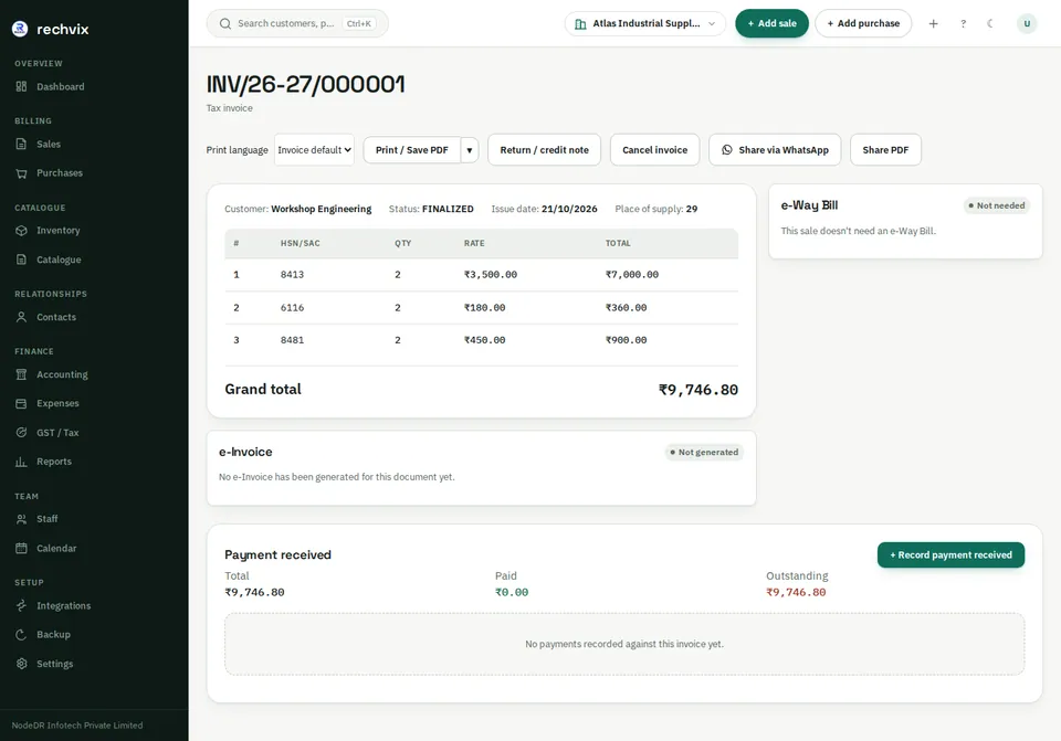 Finalized Rechvix invoice showing number, customer, lines, total and payment status