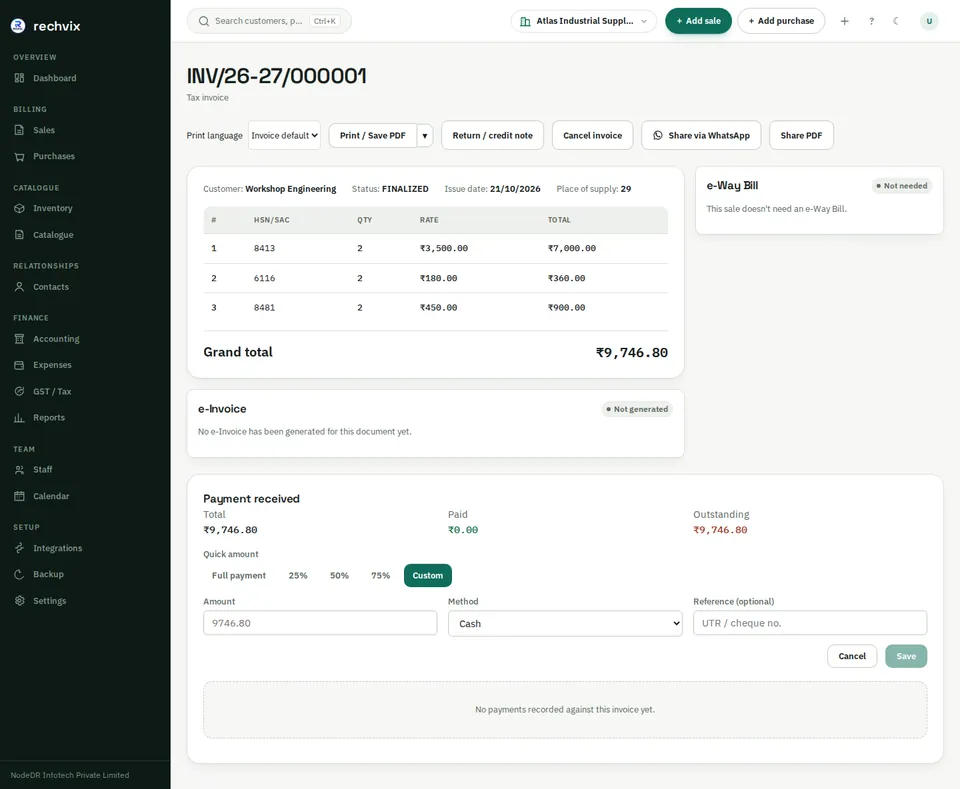 Record payment received form on a Rechvix invoice with amount, method and reference