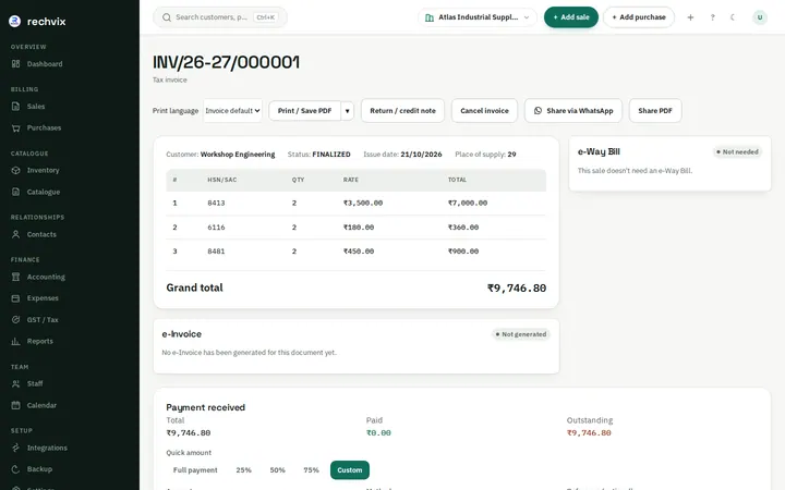 Record payment received form on a Rechvix invoice with amount, method and reference