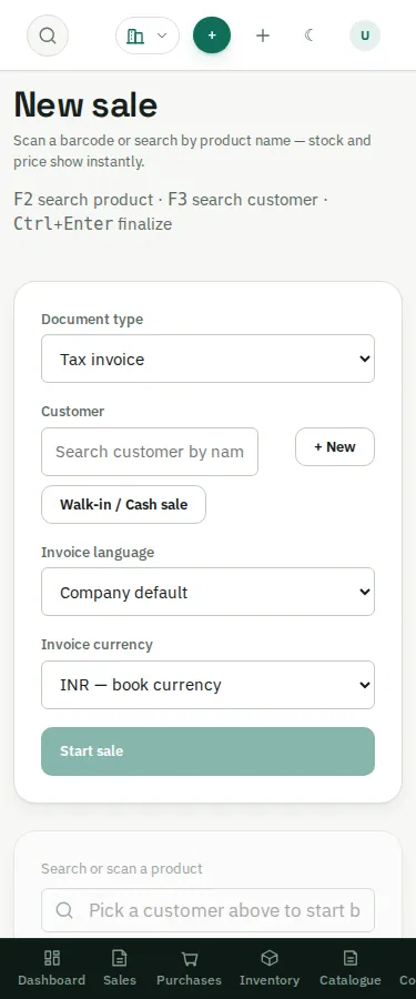 Rechvix invoice screen on a phone with stacked customer and product controls