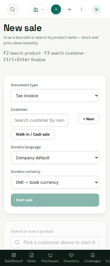 Rechvix invoice screen on a phone with stacked customer and product controls