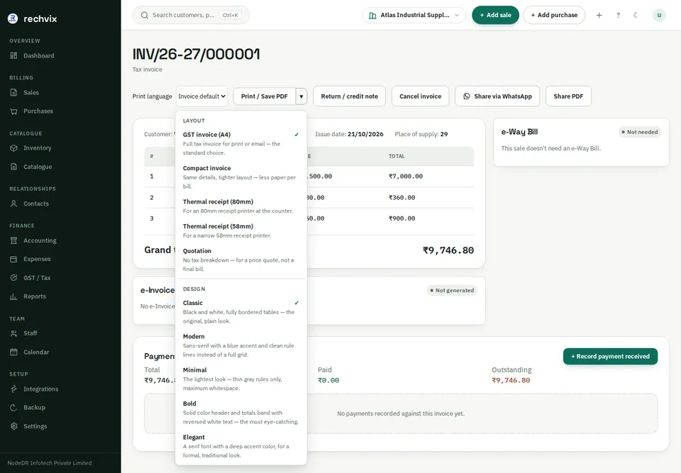 Rechvix invoice print menu with A4, compact, thermal receipt and quotation layouts
