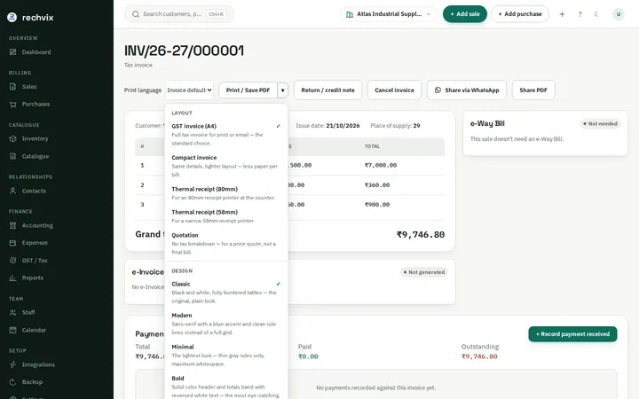 Rechvix invoice print menu with A4, compact, thermal receipt and quotation layouts