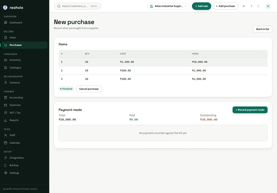 Rechvix purchase detail with received lines, supplier and payment status