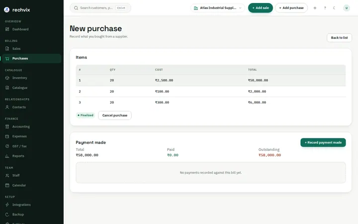 Rechvix purchase detail with received lines, supplier and payment status