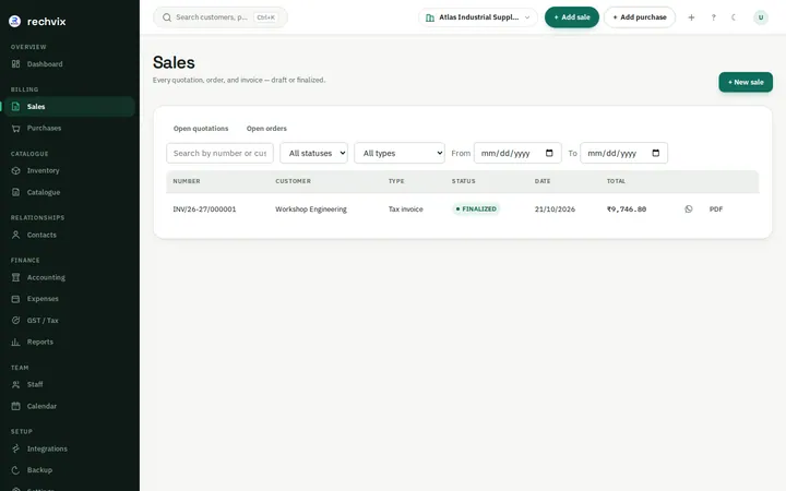 Rechvix sales list with document numbers, customers, status and totals