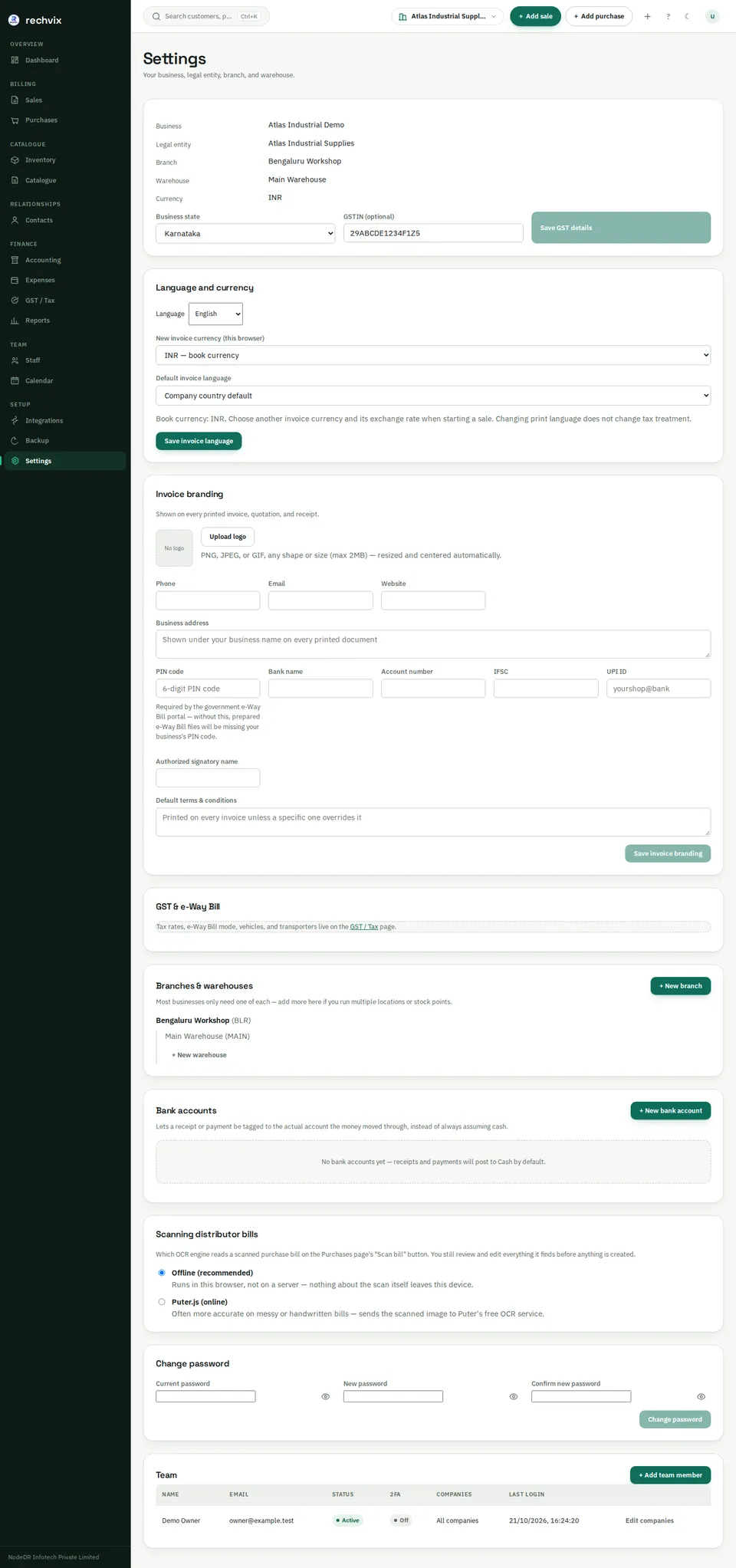Rechvix settings with language, invoice currency, branding and team