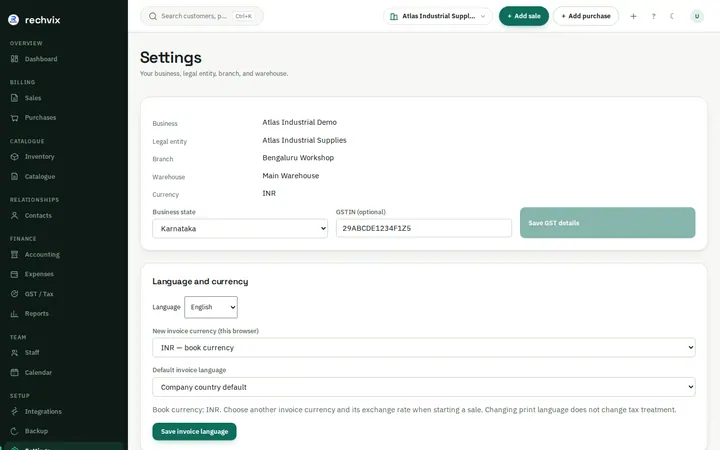 Rechvix settings with language, invoice currency, branding and team