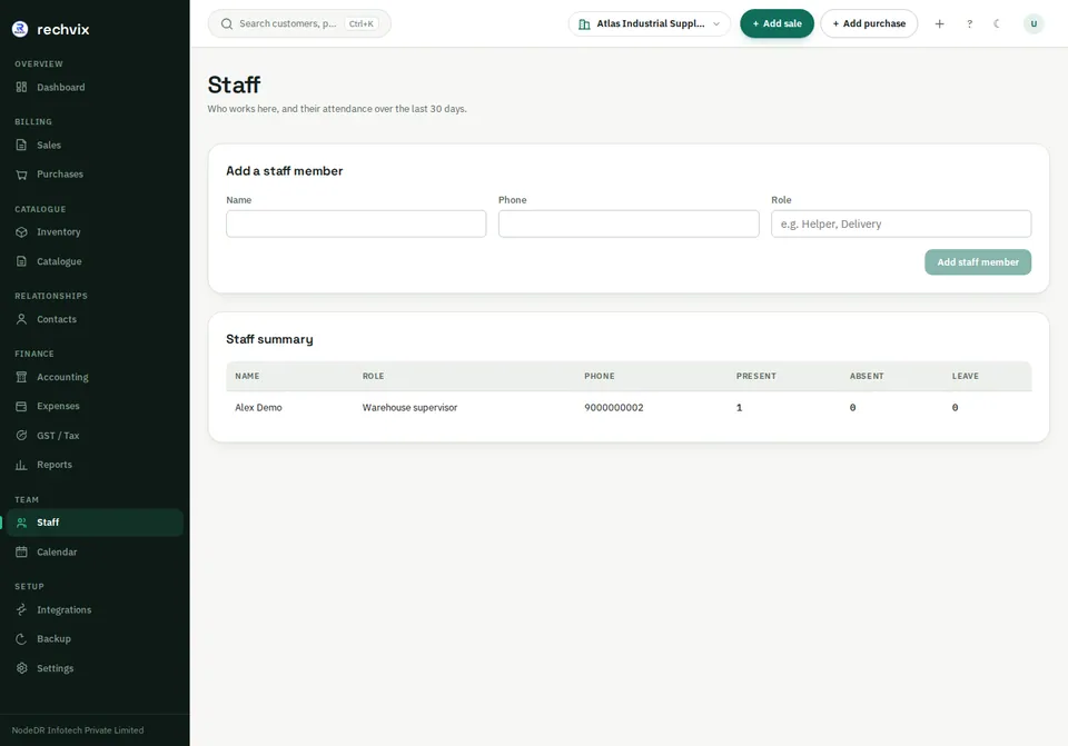 Rechvix staff page with team records and attendance