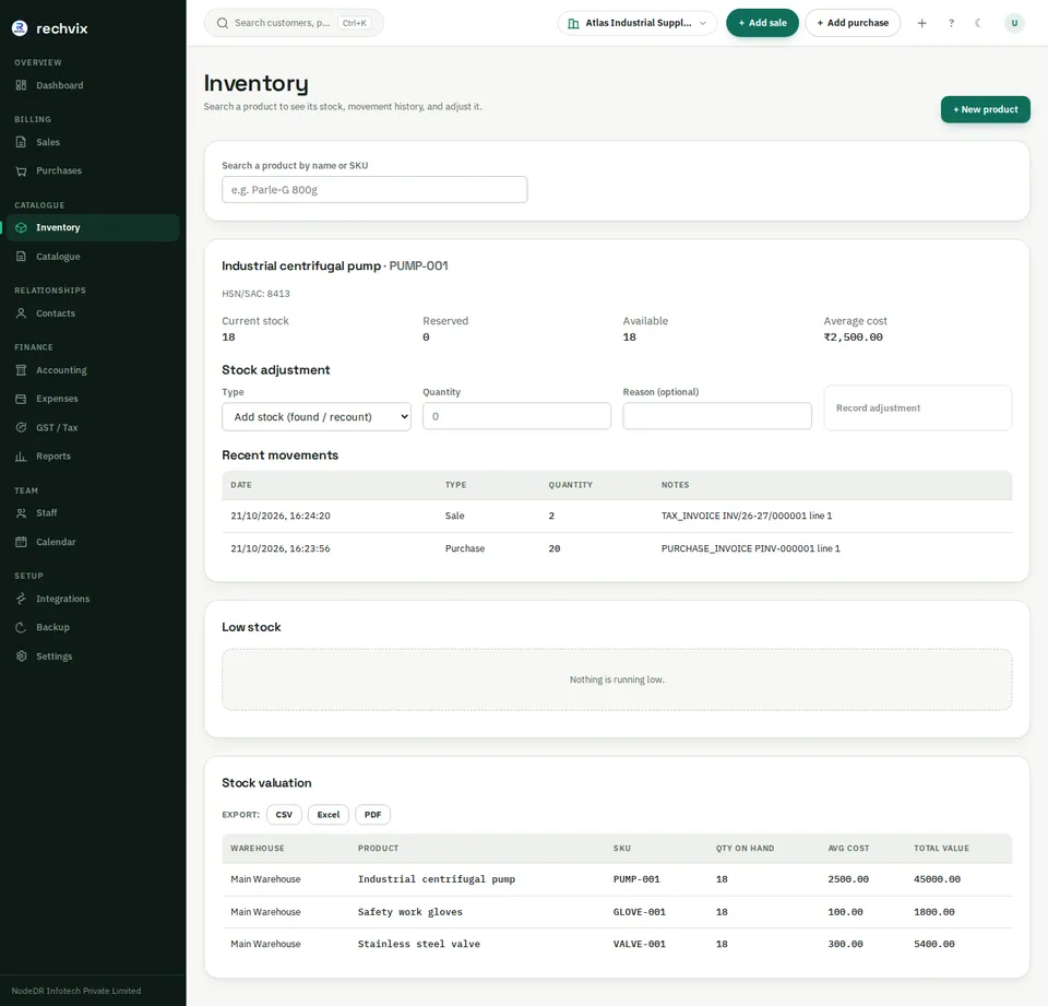 Rechvix stock card with warehouse balance, adjustment controls and purchase and sale movement history