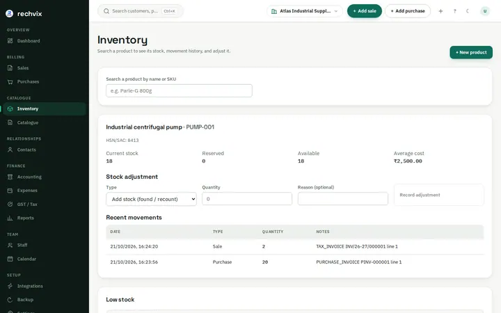 Rechvix stock card with warehouse balance, adjustment controls and purchase and sale movement history